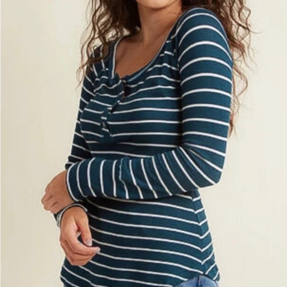 ModCloth stripe waffle Henley long sleeve top blue white L